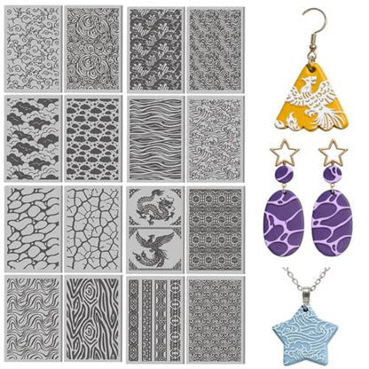 16 Pcs Ocean Waves Pattern Polymer Clay Texture Sheet Natural Clouds Patterns Rubber Clay Texture Mat for Polymer Clays Making Earrings Jewelry DIY Crafts, 4 × 2.5 Inch