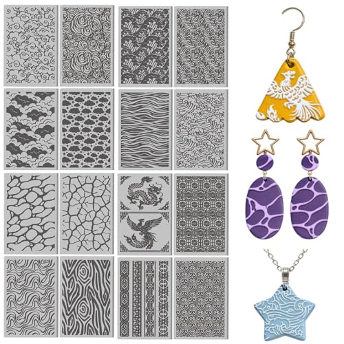 16 Pcs Ocean Waves Pattern Polymer Clay Texture Sheet Natural Clouds Patterns Rubber Clay Texture Mat for Polymer Clays Making Earrings Jewelry DIY Crafts, 4 × 2.5 Inch