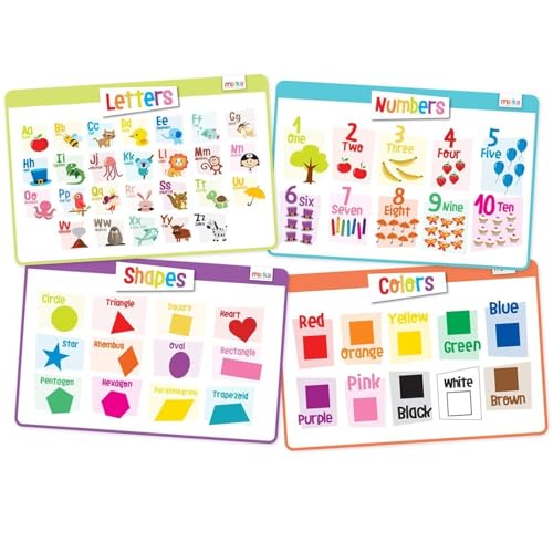Merka 4 Pack Educational Placemat for Kids & Toddlers, Reusable, Washable Mat with Secure Grip Back for Dining Table, Learning Letters, Numbers, Shapes, Colors,17 x 11 inches - style: Letters, Numbers, Shapes, Colors
