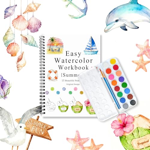 SLWBZ All-in-One Watercolor Workbook Kit - Beginner Friendly Art Set with 16 Colors, 2 Brushes & 15 Pre-Sketched Thick Watercolor Paper Pages - Creative Exploration & Stress Relief Gift (Summer) - color: Summer, size: With Palette