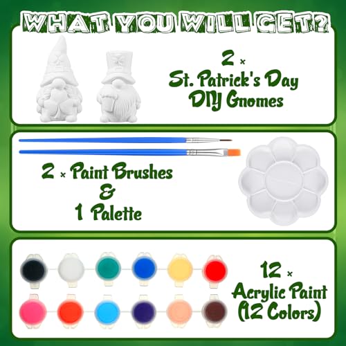 Poen 2 Pack Ready to Paint Your Own St. Patrick's Day Gnomes Statues, 4 Inches Mini Ceramics to Paint Unpainted Lucky Gnomes Tiered Tray Decor Crafts DIY for Home Table Decorations (Lucky Style) - style: Lucky Style