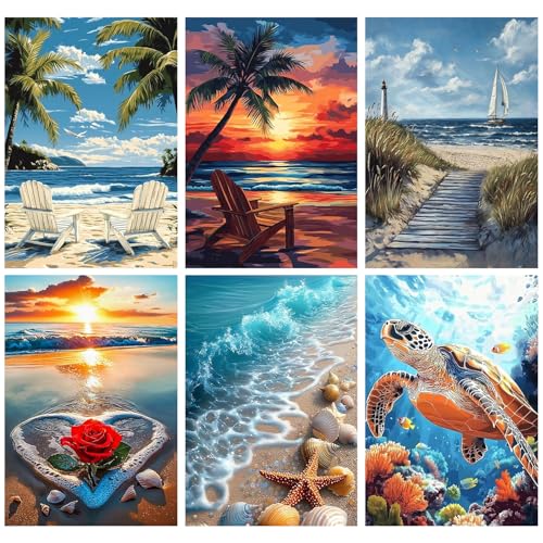PHANTASYART 6 Pack Paint by Numbers Kit for Adults Beginners-Beach Adult Paint by Numbers,Easy Landscape Canvas Paint by Numbers for Adults,DIY Acrylic Paint Kit for Gifts Home Decor 8x12inch - color: Beach, size: 6 Pack