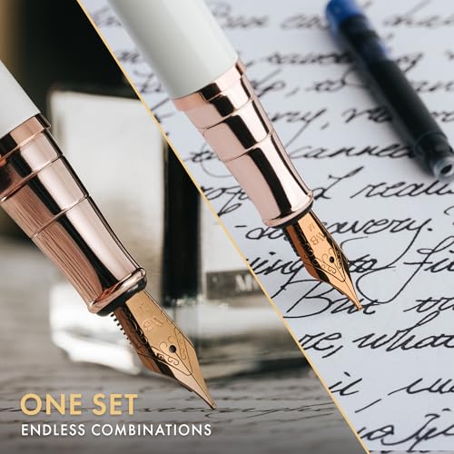 Wordsworth & Black Fountain Pen Set,18K Gilded Medium & Extra Fine Nib,25ML Black Ink Bottle,6 Ink Cartridges,Refill Converter,Gift Box,Smooth Writing Pen [White Rose Gold],Gift Set for Men and Women - color: White Rose Gold