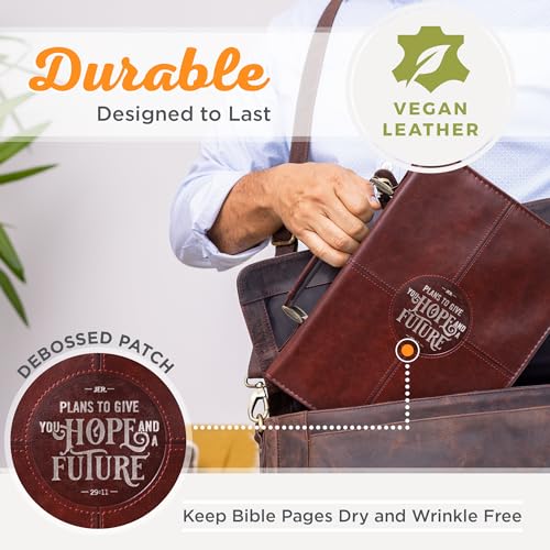 Christian Art Gifts Protective Chestnut Brown Faux Leather Classic Bible Cover Carry Case for Men and Grads: Hope and a Future - Jeremiah 29:11 Inspirational Bible Verse with Zipper and Pocket, Large - size: Large