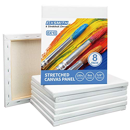 FIXSMITH Stretched Canvas for Painting- 8x10 Inch,Bulk Pack of 8,Primed,100% Cotton,5/8 Inch Profile of Super Value Pack for Acrylics,Oils & Other Painting Media - size: 8"x10"