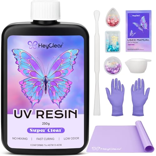 HeyClear 250g UV Resin kit -Crystal Clear, Hard UV Epoxy Resina para Manualidades Fast Curing Glue uv with Silicone Molds, Mat for Beginners Jewelry Making, DIY Crafts Art, Casting Coating - size: 250g