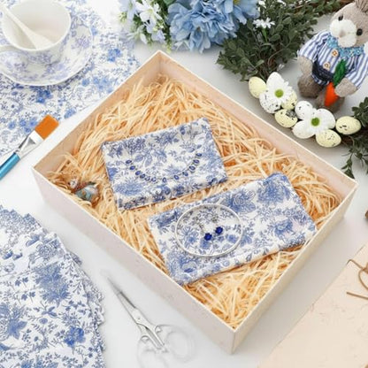 Jenaai 48 Pcs Chinoiserie Blue White Floral Clay DIY Kit, Clear Plastic Tray Craft Set Storage for Jewelry, Keys, Family Home Decor Gifts Include 40 Decoupage Napkins 2 Clear Tray 2 Clay