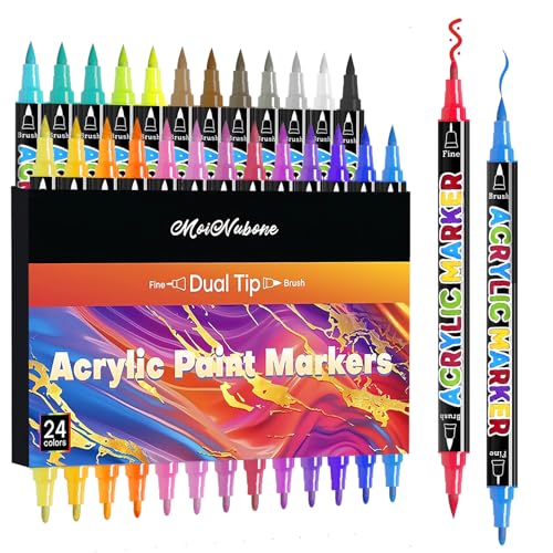 24 Colors Dual Tip Acrylic Paint Markers, Premium Acrylic Marker Paint Pens for Rock Painting, Canvas, Stone, Wood, Glass, Coloring, Easter Basket Stuffers, DIY Crafts & Art Supplies
