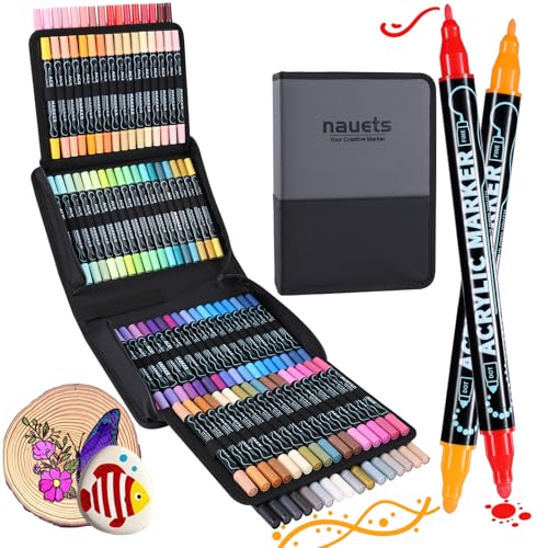 nauets 100 Colors Dual Tip Acrylic Paint Markers, Premium Dot & Fine Tip Acrylic Paint Pens for Rock, Wood, Fabric, Canvas, Glass, Scrapbook, Paper, Ceramic, Egg, and DIY Crafts Supplies Art Gifts - style: 100 Colors
