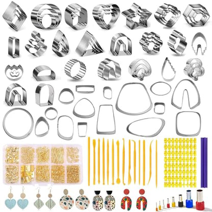 Fesorsi 800 Pcs Clay Earring Making Kit, 67 Polymer Clay Molds Stainless Steel, Polymer Clay Tools with 8 Circle Cutters, 1 Clay Letter Stamps and 710 Pcs Earring Accessories for DIY Jewelry - color: Steel 67 Shapes
