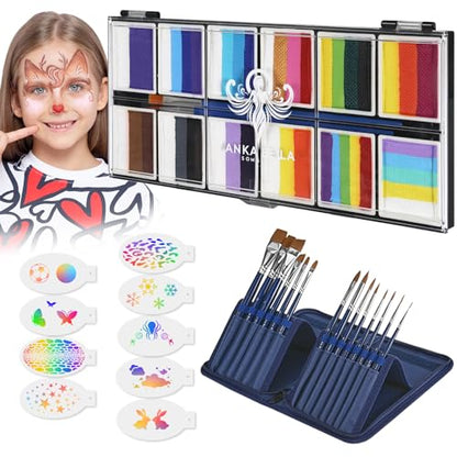Anka Bella Professional Face Painting Kit for Kids,12X10gm Water Based Split Cake Face Paint with Stencil & Brushes,Hypoallergenic & Non-Toxic,Gift for Birthday Parties/Halloween/Carnival - color: Rainbow Falls set
