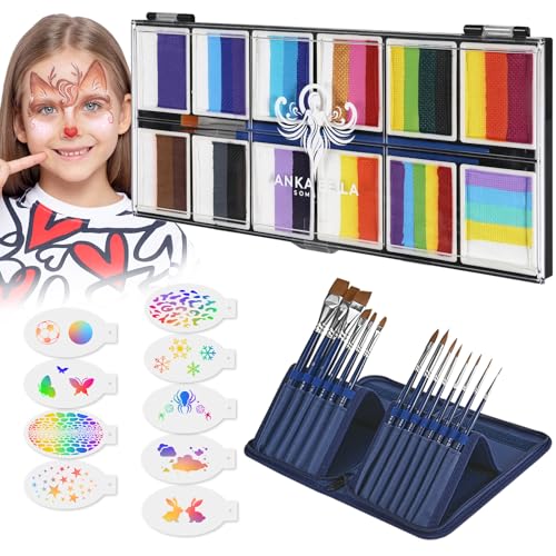Anka Bella Professional Face Painting Kit for Kids,12X10gm Water Based Split Cake Face Paint with Stencil & Brushes,Hypoallergenic & Non-Toxic,Gift for Birthday Parties/Halloween/Carnival - color: Rainbow Falls set