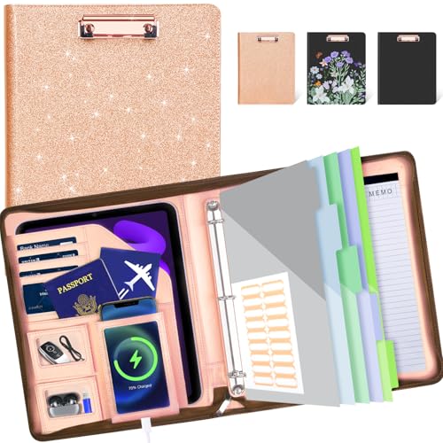 Leather Padfolio Portfolio with Clipboard Storage, Removable 3 Ring Binder 1 Inch Zipper Binder, Document Organizer for Women Men with Notepad, 5 Pocket Dividers, Pen Holder, Rose Gold - color: Rose Golden