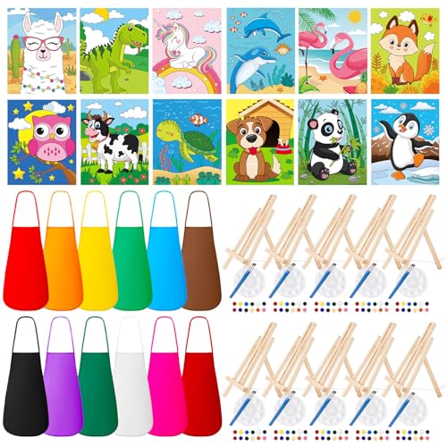Ireer 84 Pcs 12 Sets Paint Party Kits Animal Pre Drawn Canvas, Wooden Easel, Paintbrushes, Palette, Acrylic Paints and Aprons, Pre Drawn Canvas to Paint for DIY Birthday Party Gift(8 x 10 Inches) - size: 8 x 10 inches