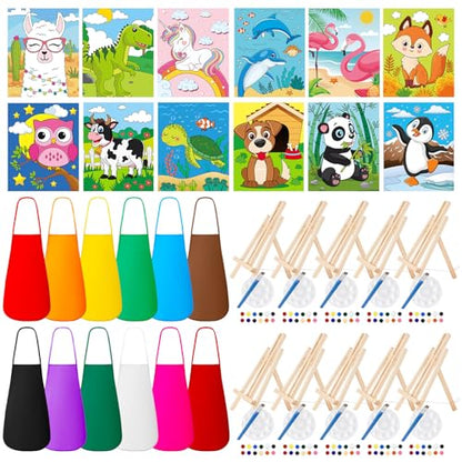 Ireer 84 Pcs 12 Sets Paint Party Kits Animal Pre Drawn Canvas, Wooden Easel, Paintbrushes, Palette, Acrylic Paints and Aprons, Pre Drawn Canvas to Paint for DIY Birthday Party Gift(8 x 10 Inches) - size: 8 x 10 inches