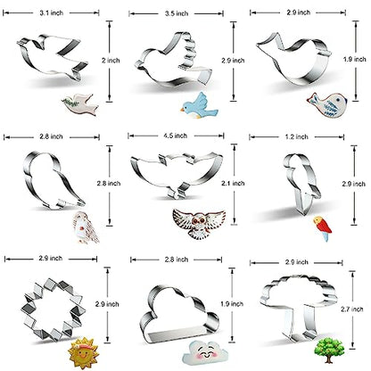 Stainless Steel Bird Cookie Cutters - 9-Piece Set: Dove, Pigeon, Owl, Sparrow, Parrot, Little Bird, Flying Woodland Animals and Sky Sun Cloud Tree Shapes - Biscuit and Fondant Molds