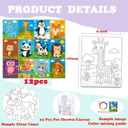 12Pcs Pre Drawn Canvas Boards for Painting Set 8x10 Animal Sip and Painting Kit for Family & Friends Kids Beginner Canvas Art Supplies for Parent-Child Bonding, Party Favors & Creative Fun - style: Cute Animal