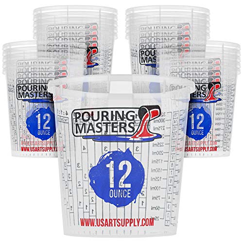 Pouring Masters 12 Ounce (350ml) Graduated Plastic Mixing Cups (Box of 20) - Paint Mixing Cups for Epoxy Resin, Art, Kitchen, Baking - Measurements in OZ and ML, 4 Different Measuring Ratios 1:1 - size: 12-Ounce - Cup