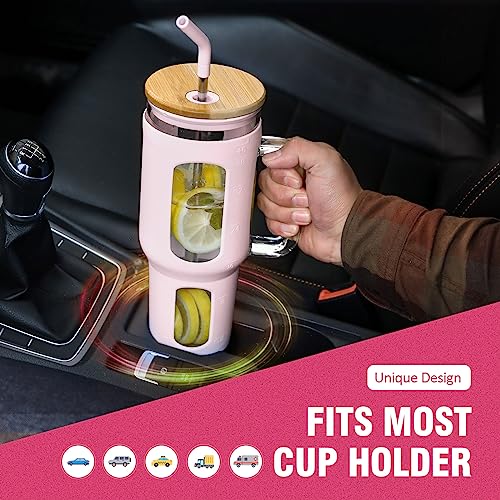 WINSA Glass Tumbler with Lid and Straw, 46 oz Iced Coffee Cup with Handle, Large Water Bottles with Silicone Sleeve, Glass Cup with Straws - Pearl Straw & Drinking Straw BPA Free-CottonPink - color: CottonPink, size: 46 Ounces