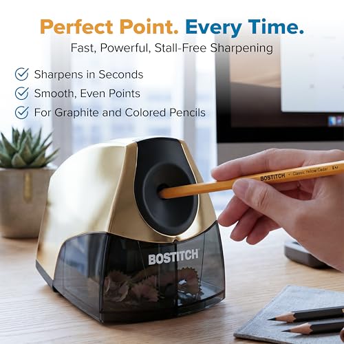 Bostitch Office Electric Pencil Sharpener for Classroom & Desk Use, Heavy-Duty Stall-Free Motor, High-Capacity Shavings Tray, Gold Chrome - color: Gold Chrome