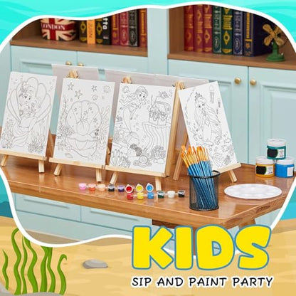 Ireer 12 Set Paint Party Set 8 x 10 Sip and Paint Kit Include 12 Printed Pre Drawn Canvas Panel, Wooden Easels, Palettes, Pots, Apron 36 Brushes for Adult Art DIY Party(Mermaid) - style: Mermaid