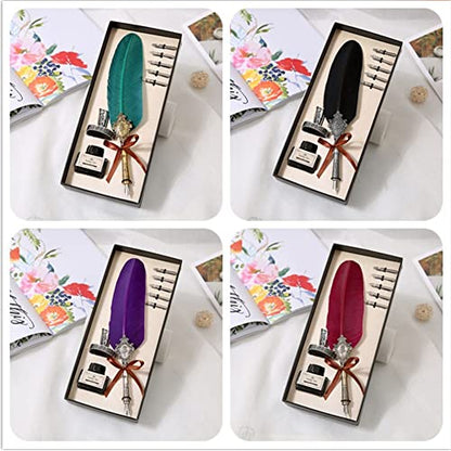 Surakey Writing Quill Pen Feather Pen Calligraphy Ink Dip Pen Set Luxury Vintage Signature Fountain Pen Gift Kit with Pen Stand Holder for Writing,Invitation Letters,Diary, Postcard (Black)