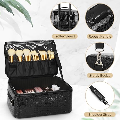 OCHEAL 18" Rolling Makeup Train Case Professional 2-in-1 Trolley Case | | Large Makeup Case, 6 Travel Cosmetic Bags, Pro Artists & Makeup Artists, Beauty Trolley Train Case - color: Black-2 in 1