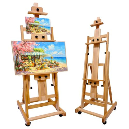 H-Frame Easel for Painting, Adjustable Beech Wood Studio Floor Easel, Holds 2 Canvases up to 77" with Tilting Flat, Heavy Duty Artist Easel Stand for Adults, All Media Versatile