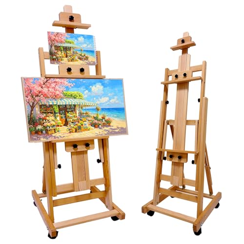 H-Frame Easel for Painting, Adjustable Beech Wood Studio Floor Easel, Holds 2 Canvases up to 77" with Tilting Flat, Heavy Duty Artist Easel Stand for Adults, All Media Versatile