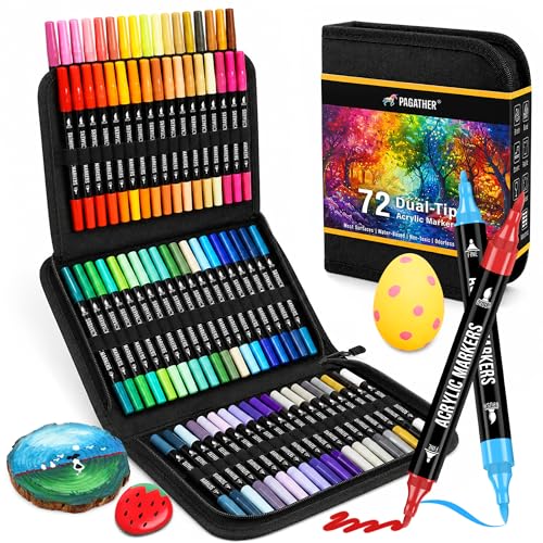 Pagather 72 Colors Acrylic Paint Markers, Dual Tip with Fine Tip and Brush Tip Pens for Stone, Wood, Calligraphy, Canvas, Ceramic, Metal, Glass, Rock Painting, DIY Crafts Art Supplies Kit - color: 72 Color
