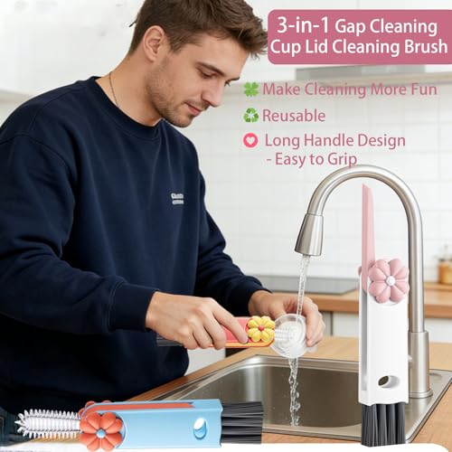 Cup Lid Gap Cleaning Brush, 3 in 1 Cup Lid Brush, Multifunctional Water Bottle Cleaning Brush, Home Kitchen Crevice Brush Tools for Tiny Cup Lid Detail, Bottle Tight Spaces Cup(3 PCS) - color: Red, White, Blue(3pcs)