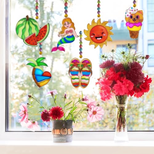 Ayhuhra 30 Sets Summer Suncatcher Craft Kits Glow in the Dark DIY Window Paint Art Sun Catcher Kits for Home Party Activities Art Project - style: Summer