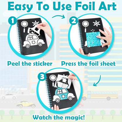 FUNNYB&G Foil Art Craft Kit for Boys 4-10 Years Old: Mess-Free & No-Glue, Create 16 Sparkly Vehicle Pictures – Perfect Travel Toy & Birthday Gift for Kids (Vehicle) - style: Vehicle