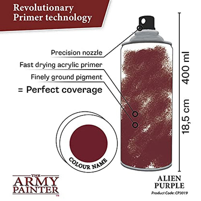 The Army Painter Colour Primer Alien Purple, 400 mL Acrylic Spray Primer, Spray Paint Basecoat for Miniature Priming, Tabletop Roleplaying, Boardgames, and Wargames Miniature Modelling - color: Alien Purple