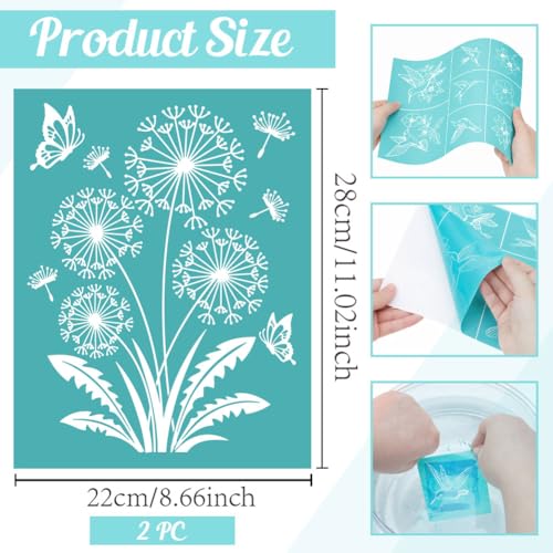 2 Sheets Dandelion Butterfly Silk Screen Stencil, Nature Floral Self-Adhesive Silk Screen Printing Stencils Reusable Mesh Stencil for Painting on Wall, Wood, T-Shirt, Home Craft Decor - style: Dandelion