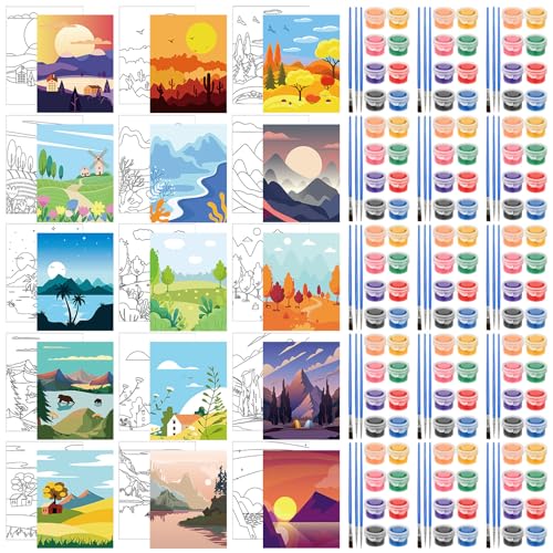 Sherr 75 Pcs 15 Set Sceneries Pre Drawn Canvas Kit for Painting Craft Sip and Paint Kit for Adults Summer Pre Printed Canvas Painting Favor for Virtual DIY Birthday Gifts Adult's Date Party - style: Sceneries