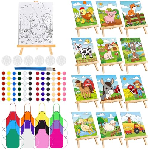 Ireer 12 Set Paint Party Set 8 x 10 Sip and Paint Kit Include 12 Printed Pre Drawn Canvas Panel, Wooden Easels, Palettes, Pots, Apron 36 Brushes for Adult Art DIY Party(Farm Animals) - style: Farm Animals