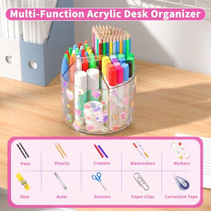 Wawocs Acrylic Pencil Organizer for Desk 4 Compartments with Adhesive DIY Sticker, Rotating Art Supply Organizer with Kawaii Sticker Kids, Spinning Round Marker Small Supply Caddy - size: Medium x1 sticker
