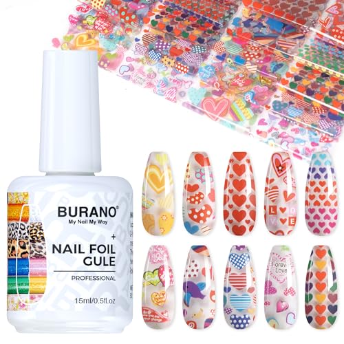 BURANO Nail Art Nail Foil Glue Gel, o.5 oz with 10PCS Foil Stickers Set Nail Foil Glue for Nails Foil Transfer Gel, Nail Design DIY UV LED Lamp Required (Love 34) - color: Love 34