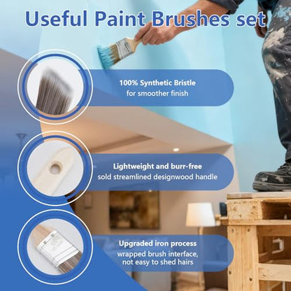 Paint Roller Kit with 2 to 4 FT Extension Pole for House Painting - Completed Home Painting Set with 9″ & 4″ Paint Roller Covers, Tray, Paint Brushes and Accessories