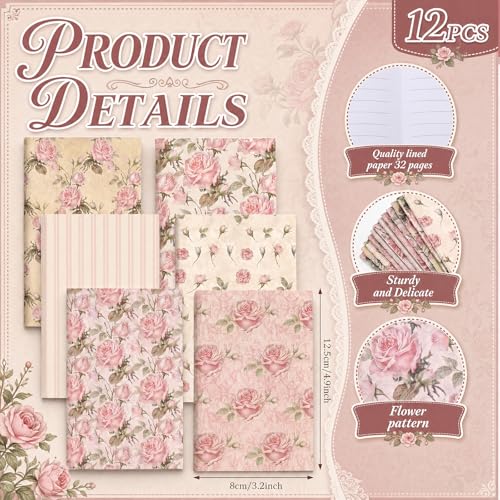 Motiskyy 24 Pcs Vintage Rose Pink Floral Pens Flower Ballpoint Pens Flower Notepads Set Design Line Notebook Employee Gifts Set for Student School Office Supplies, Back to School Gift - style: Pink