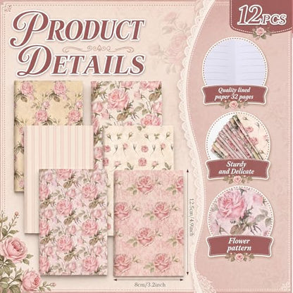 Motiskyy 24 Pcs Vintage Rose Pink Floral Pens Flower Ballpoint Pens Flower Notepads Set Design Line Notebook Employee Gifts Set for Student School Office Supplies, Back to School Gift - style: Pink