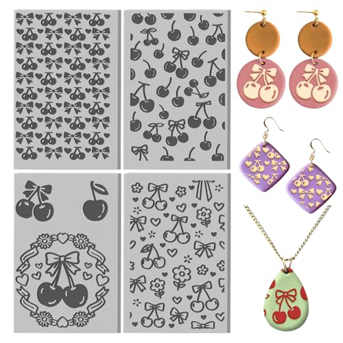 4 Sheets Bow Clay Texture Mat Cherry Pattern Polymer Clay Texture Sheets Valentine's Day DIY Tools for Pottery Earring Jewelry Making Stamp Engraving Machines, 3.9x2.6inch - style: Cherry Pattern