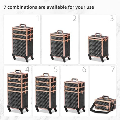 Somduy Rolling Makeup Case, Makeup Train Case with Lid, 5 in 1 Cosmetology Case on Wheels, Christmas Gift, Large Makeup Organizers, Profesional Cosmetic Case for Salon Barber, Black gold - color: Black gold