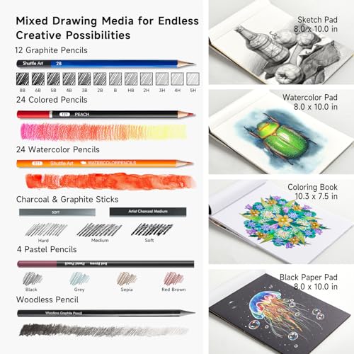 Shuttle Art Drawing Kit and Sketch Pad Bundle, Set of 116 Pack Complete Drawing Kit +160 Sheets Sketch Pad