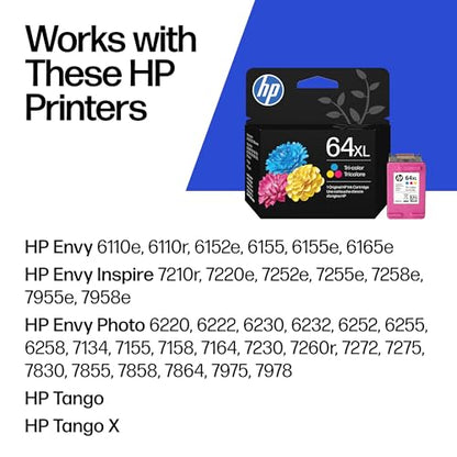 HP 64XL Tri-Color High-Yield Ink Cartridge Printers | Works with Printer Series: Envy Inspire 7950e; Envy Photo 6200, 7100, 7800; Tango | Eligible for Instant Ink | N9J91AN - style: CMY XL
