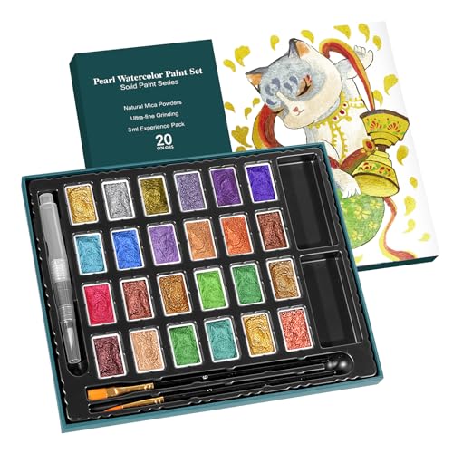 CraftyManor 3ml Glitter Watercolor Paint Set with Paper, 24 Colors Shimmer Metallic Watercolour Painting Sets, Solid Pearl Water Color Paints for Adult, Rococo Style (DunHuang 24Colors-L) - color: Dunhuang 24 Colors-L