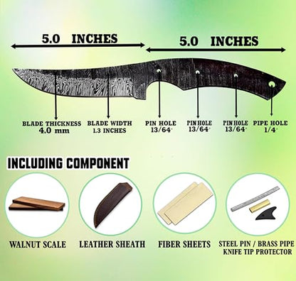 Custom Hand Forged Damascus Steel Blank Blade DIY Knife Making Kit Including Walnut Scale, Leather sheath, Pin, Fiber Sheet Camping Blade Damascus Blade Billet Handmade Knife Making Supply (BK-J) - color: BK-J