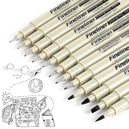 12 Pcs Fineliner Drawing Art Pens Black Waterproof Pigment Ink Set Outlining Archival Quality Markers Thin No Bleed Smooth Supplies for Artists Manga Calligraphy Journaling Illustration