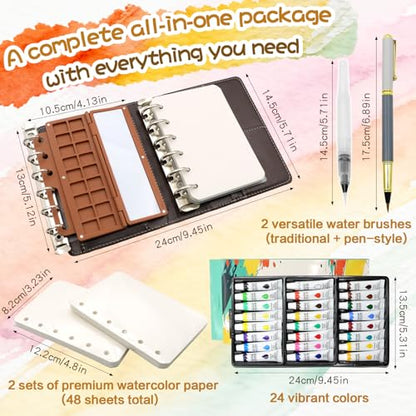 A7 Pocket Watercolor Paint Set, 24 Colors with 2 Water Brush Pens, 48 Sheets Binder Paper & 2 Anti-Stain Dividers, Portable Travel Sketching Kit for Adults Artists, Travel Journaling Gift